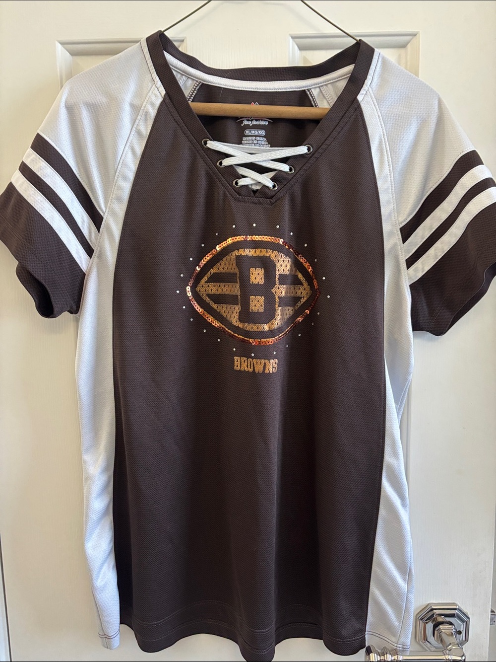 Majestic Browns Lace-Up Football Sequin Jersey in Brown & White
